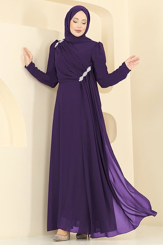 moda selvim Çapraz Drape Detaylı Abiye 5761EDF311 Mor - Thumbnail