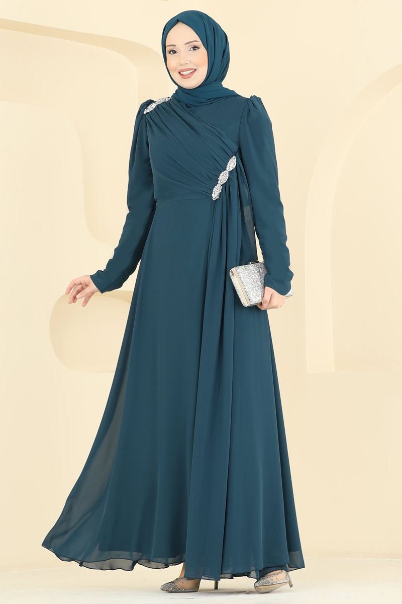 Çapraz Drape Detaylı Abiye 5761EDF311 Petrol