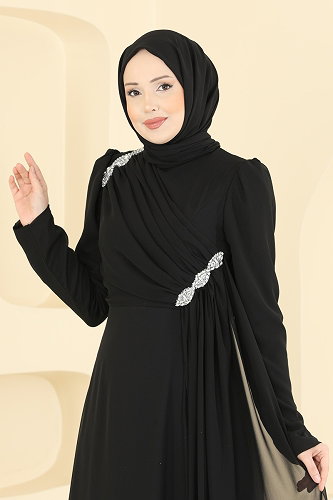 moda selvim Çapraz Drape Detaylı Abiye 5761EDF311 Siyah - Thumbnail