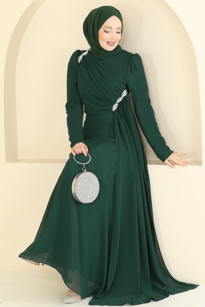 Çapraz Drape Detaylı Abiye 5761EDF311 Zümrüt