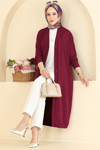 moda selvim Cardigan 2001ARL1089 Burgundy - Thumbnail