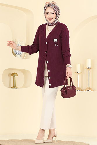 moda selvim Cardigan 204BO429 Burgundy - Thumbnail