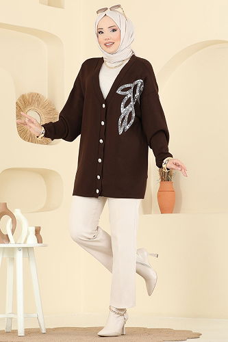 moda selvim Cardigan 2502UZ662 Silver&Brown - Thumbnail