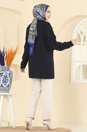 moda selvim Cardigan 2502UZ662 Silver&Navy - Thumbnail