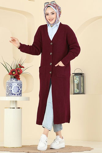 moda selvim Cardigan 2892BRZ597 Burgundy - Thumbnail