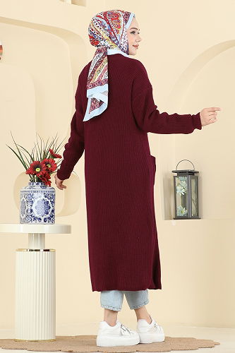 moda selvim Cardigan 2892BRZ597 Burgundy - Thumbnail