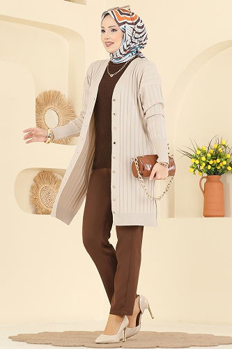 moda selvim Cardigan 3179UZ662 Stone - Thumbnail