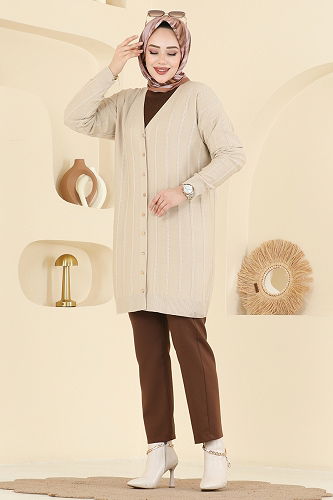 moda selvim Cardigan 3197UZ662 Stone - Thumbnail