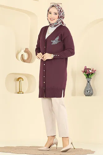 moda selvim Cardigan 3207UZ662 Burgundy - Thumbnail