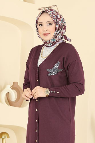 moda selvim Cardigan 3207UZ662 Burgundy - Thumbnail