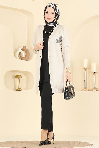 moda selvim Cardigan 3207UZ662 Stone - Thumbnail