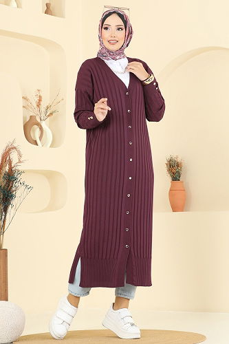 moda selvim Cardigan 3257BRZ597 Damson - Thumbnail