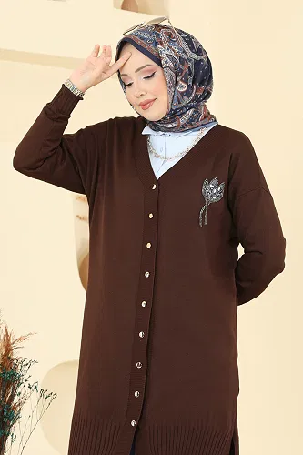 moda selvim سترة خفيفة بني غامق 3260BRZ597 - Thumbnail