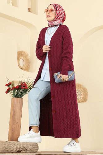 moda selvim Cardigan 377BRZ597 Burgundy - Thumbnail