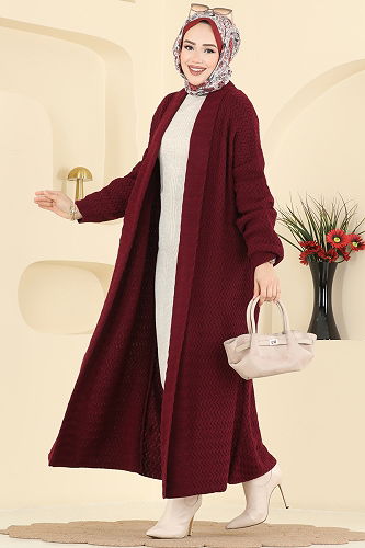 moda selvim Cardigan 4470BRZ597 Burgundy - Thumbnail