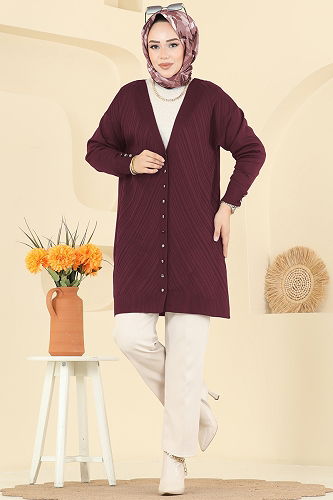 moda selvim Cardigan 6031UZ662 Burgundy - Thumbnail