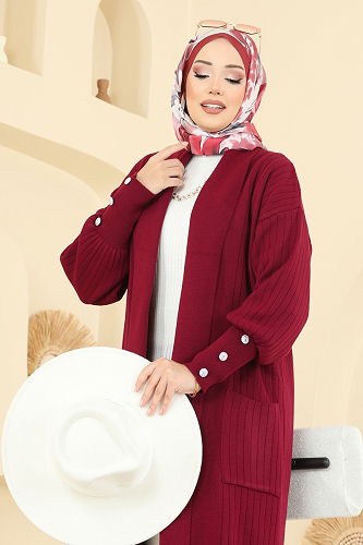 moda selvim Cardigan 7146BRZ597 Burgundy - Thumbnail