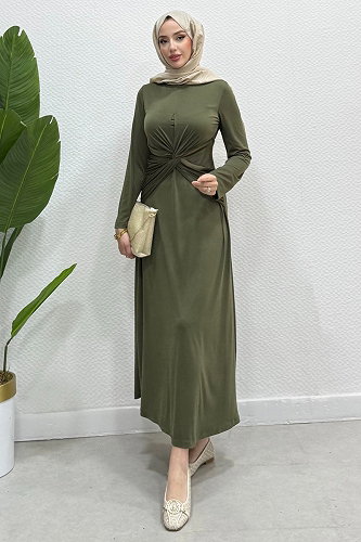moda selvim Çarpraz Detaylı Sandy Elbise 4731ALGK1170 Haki - Thumbnail