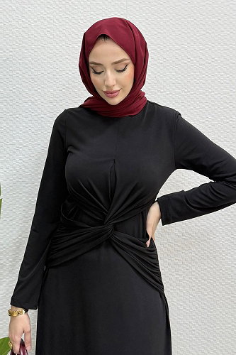 moda selvim Çarpraz Detaylı Sandy Elbise 4731ALGK1170 Siyah - Thumbnail