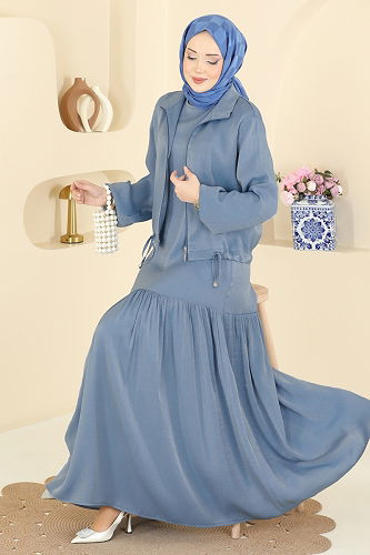 moda selvim Ceket Detaylı 2 li Elbise 0353ERK1158 Mavi - Thumbnail