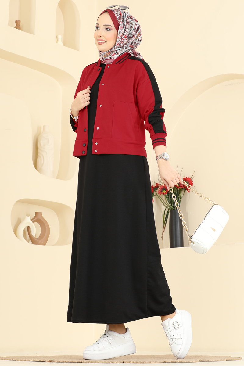 Ceket Detaylı 2 li Elbise 2858SL432 Kırmızı&Siyah