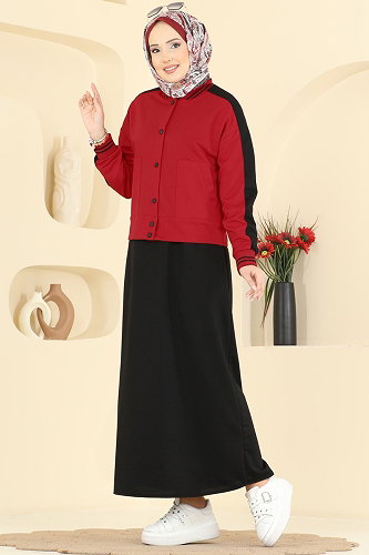 moda selvim Ceket Detaylı 2 li Elbise 2858SL432 Kırmızı&Siyah - Thumbnail
