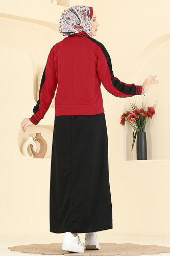 moda selvim Ceket Detaylı 2 li Elbise 2858SL432 Kırmızı&Siyah - Thumbnail