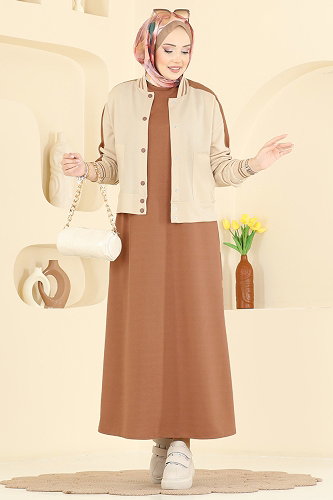 moda selvim Ceket Detaylı 2 li Elbise 2858SL432 Taş&Pudra Vizyon - Thumbnail