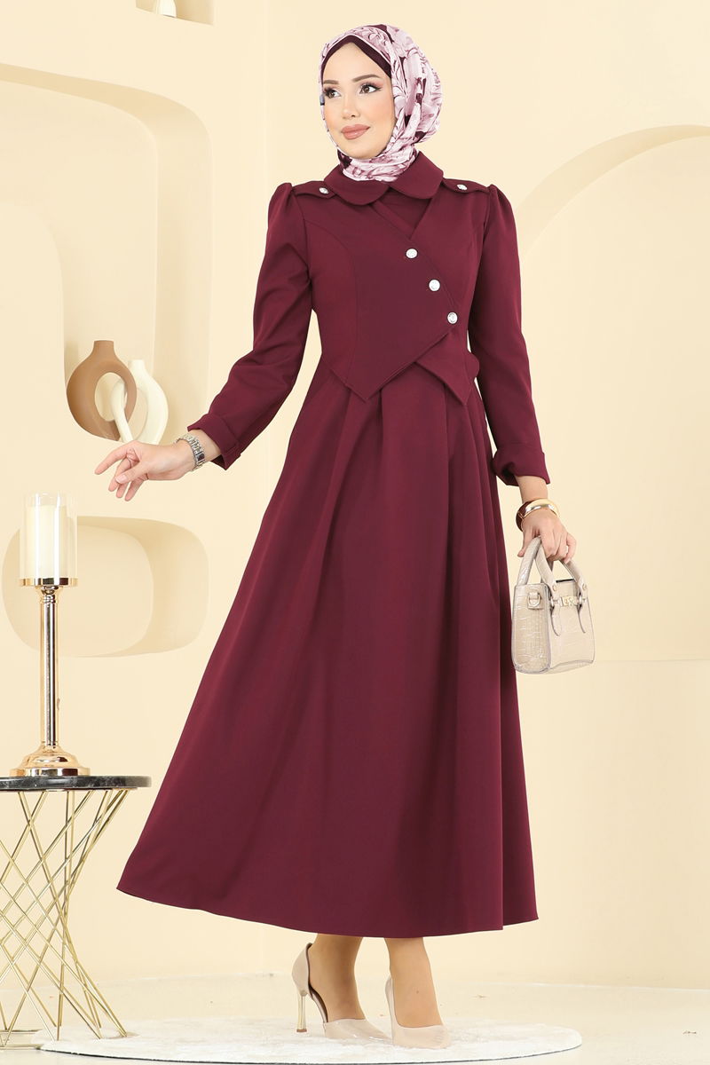 Ceket Detaylı Dabıl Elbise 2743SL432 Açık Bordo