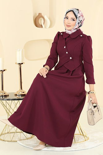 moda selvim Ceket Detaylı Dabıl Elbise 2743SL432 Bordo - Thumbnail