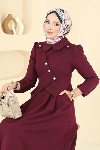 moda selvim Ceket Detaylı Dabıl Elbise 2743SL432 Bordo - Thumbnail