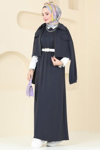 moda selvim Ceket Detaylı Modal Kumaş Elbise 20782MDP186 Antrasit - Thumbnail