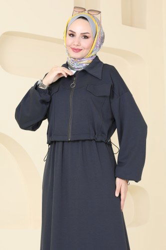 moda selvim Ceket Detaylı Modal Kumaş Elbise 20782MDP186 Antrasit - Thumbnail