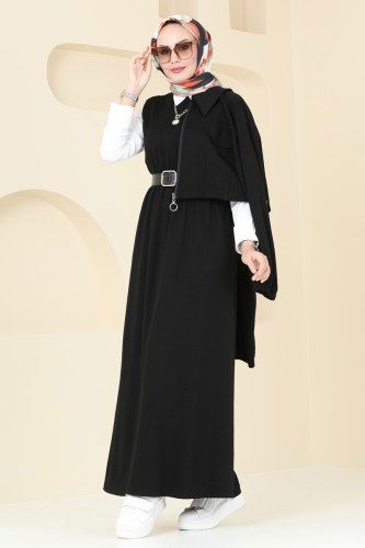 moda selvim Ceket Detaylı Modal Kumaş Elbise 20782MDP186 Siyah - Thumbnail