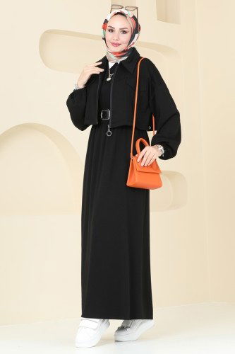 moda selvim Ceket Detaylı Modal Kumaş Elbise 20782MDP186 Siyah - Thumbnail
