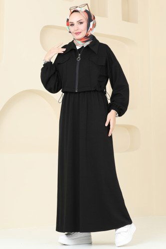 moda selvim Ceket Detaylı Modal Kumaş Elbise 20782MDP186 Siyah - Thumbnail