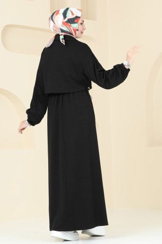 moda selvim Ceket Detaylı Modal Kumaş Elbise 20782MDP186 Siyah - Thumbnail