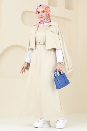 moda selvim Ceket Detaylı Modal Kumaş Elbise 20782MDP186 Taş - Thumbnail