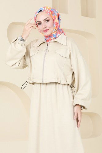 moda selvim Ceket Detaylı Modal Kumaş Elbise 20782MDP186 Taş - Thumbnail