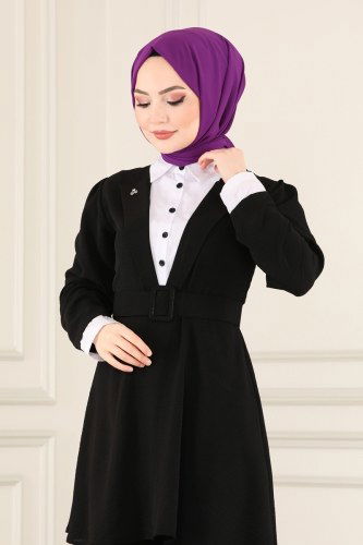 moda selvim Gömlek Yakalı İkili Takım 444USL762 Siyah - Thumbnail