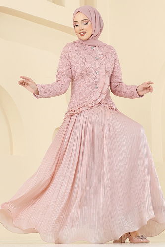 moda selvim Ceketi Dantel Detaylı Takım 5331DMNK1166 Pudra - Thumbnail