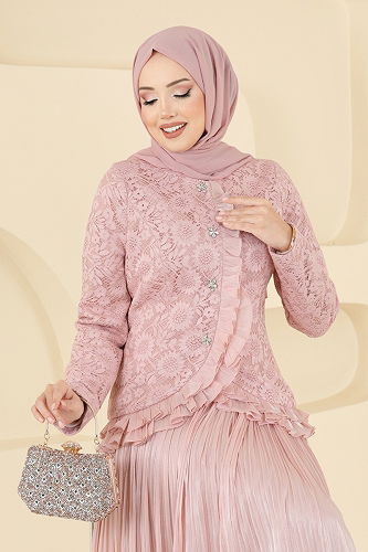 moda selvim Ceketi Dantel Detaylı Takım 5331DMNK1166 Pudra - Thumbnail