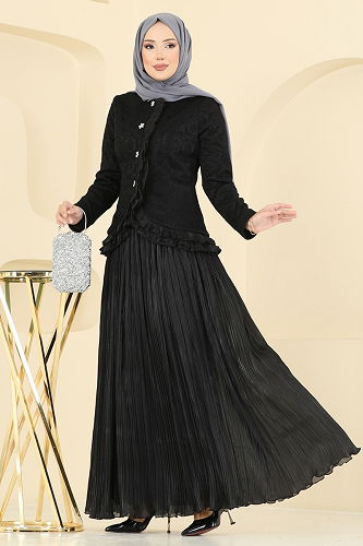 moda selvim Ceketi Dantel Detaylı Takım 5331DMNK1166 Siyah - Thumbnail