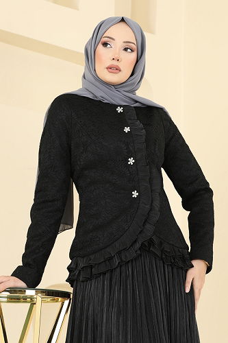 moda selvim Ceketi Dantel Detaylı Takım 5331DMNK1166 Siyah - Thumbnail
