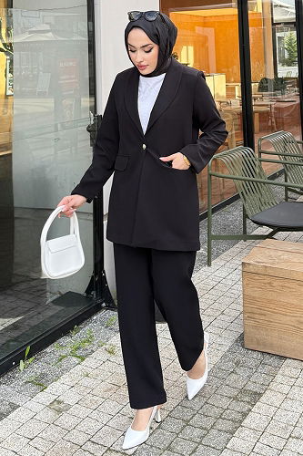 moda selvim Ceketli Dabıl Krep Takım 4686ALGK1170 Siyah - Thumbnail