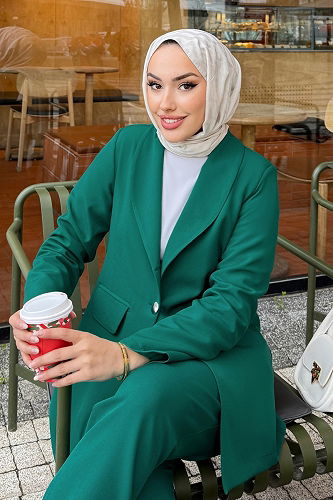 moda selvim Ceketli Dabıl Krep Takım 4686ALGK1170 Zümrüt - Thumbnail