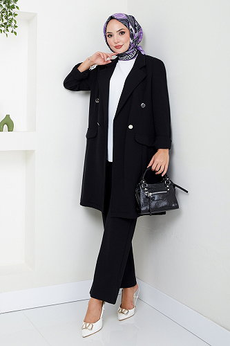 moda selvim Ceketli Tesettür Takım 5062SL890-M Siyah - Thumbnail