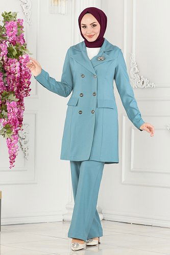 moda selvim Ceketli Tesettür Takım ASM2686 Mavi - Thumbnail