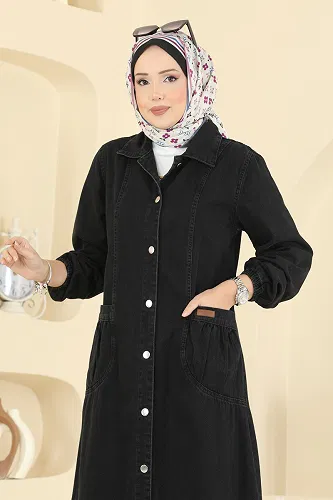 moda selvim Cep Armalı Kot Elbise 7929ORG1169 Siyah Kot - Thumbnail