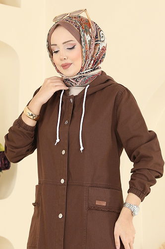 moda selvim Cep Armalı Kot Kap 7903ORG1169 Kahve - Thumbnail